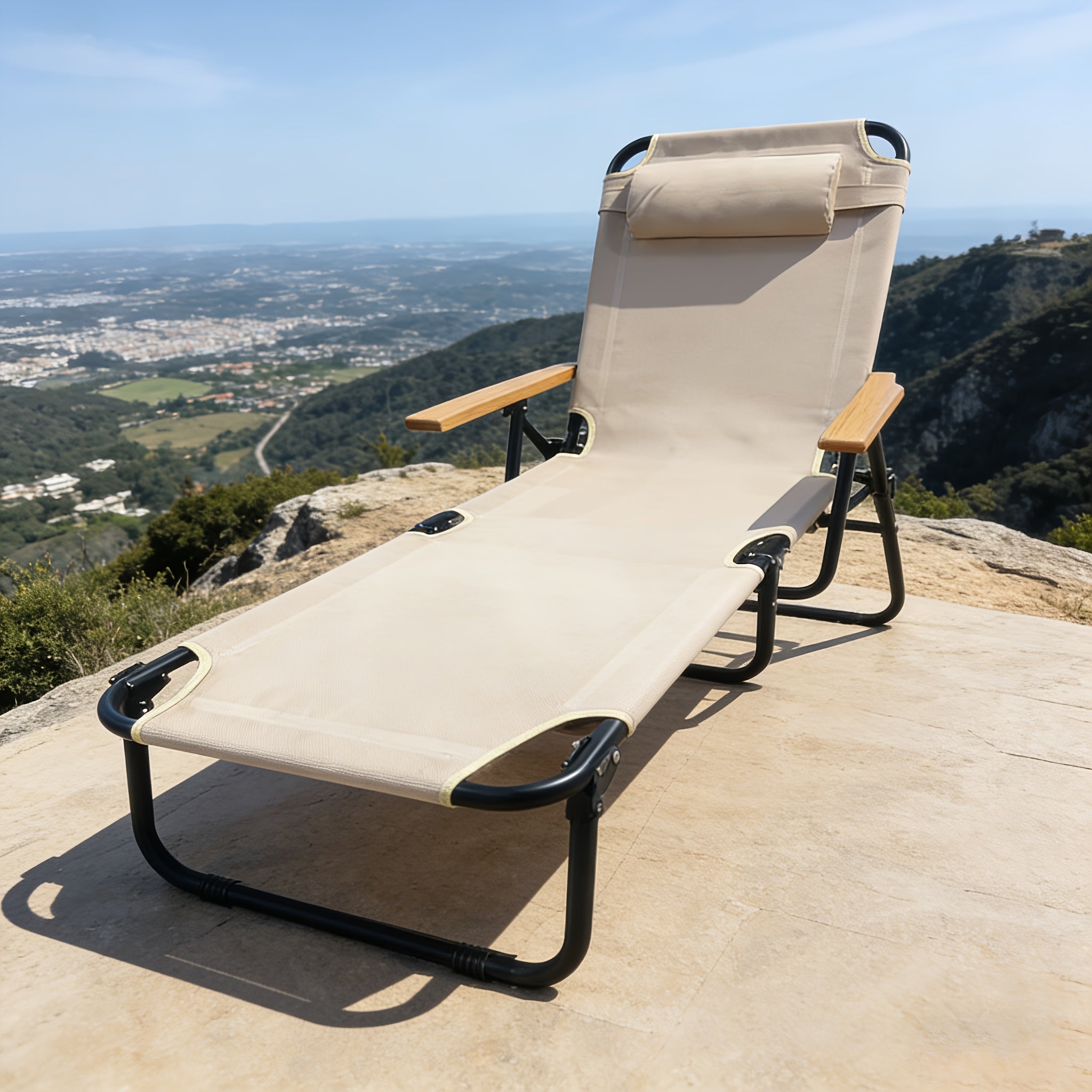 Adjustable Folding Lounge Chair, Portable Camping Bed. with Built-in Side Pockets for Small Items And A Soft, It Fits Patios, Balconies, Beaches And Camping Trips. Gray Is Steady And Elegant, Beige Is Gentle And Soothing. No Assembly Needed