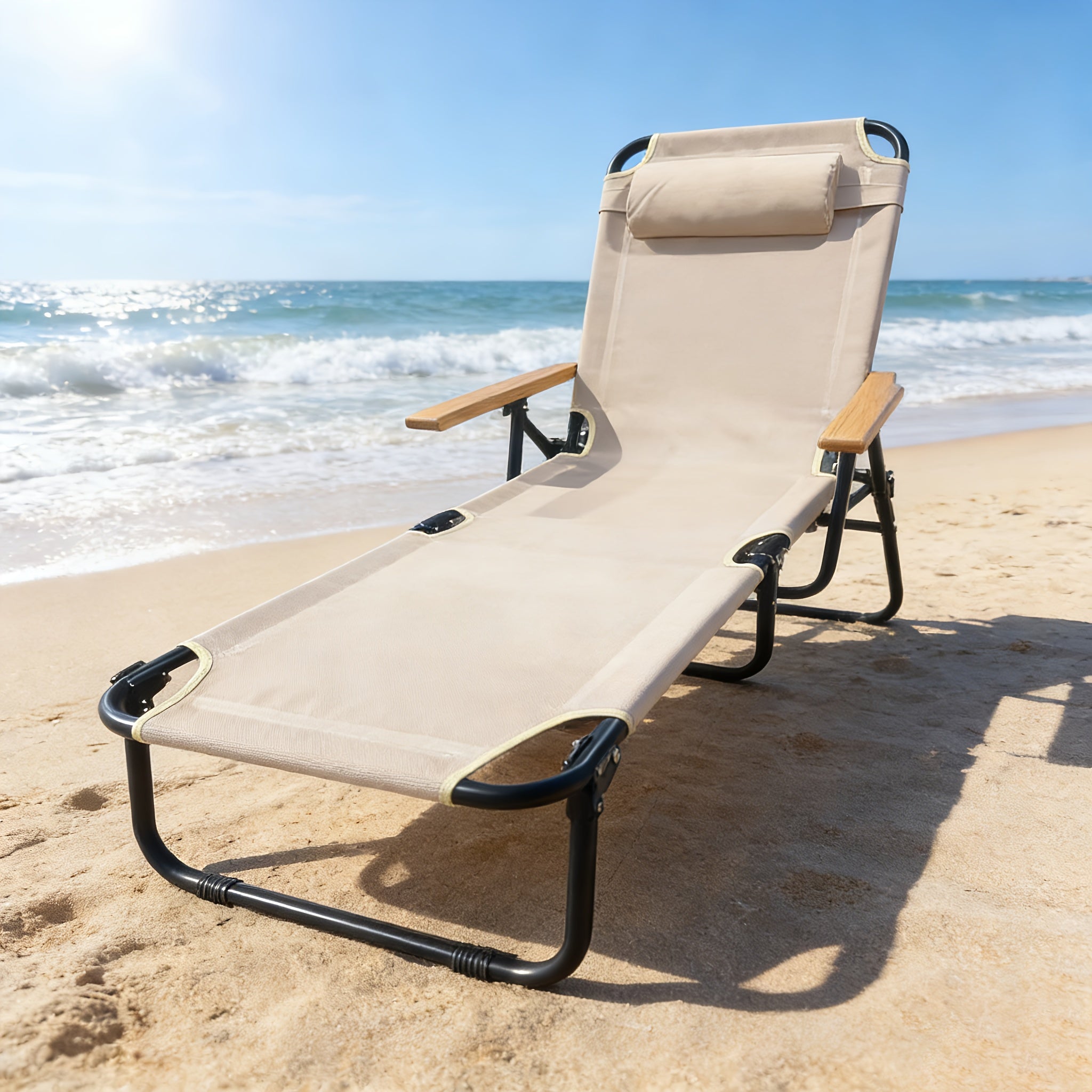 Adjustable Folding Lounge Chair, Portable Camping Bed. with Built-in Side Pockets for Small Items And A Soft, It Fits Patios, Balconies, Beaches And Camping Trips. Gray Is Steady And Elegant, Beige Is Gentle And Soothing. No Assembly Needed