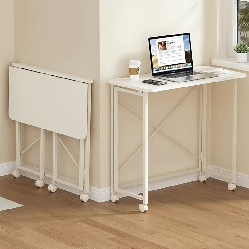 Foldable Extendable Desk Cream-Colored Small Space-Saving Table with Tabletop & Metal Frame - No-Assembly Required Foldable Suitable for Apartments, Dorms, Small Homes - Multi-Functional Computer Desk for Home Office & Study
