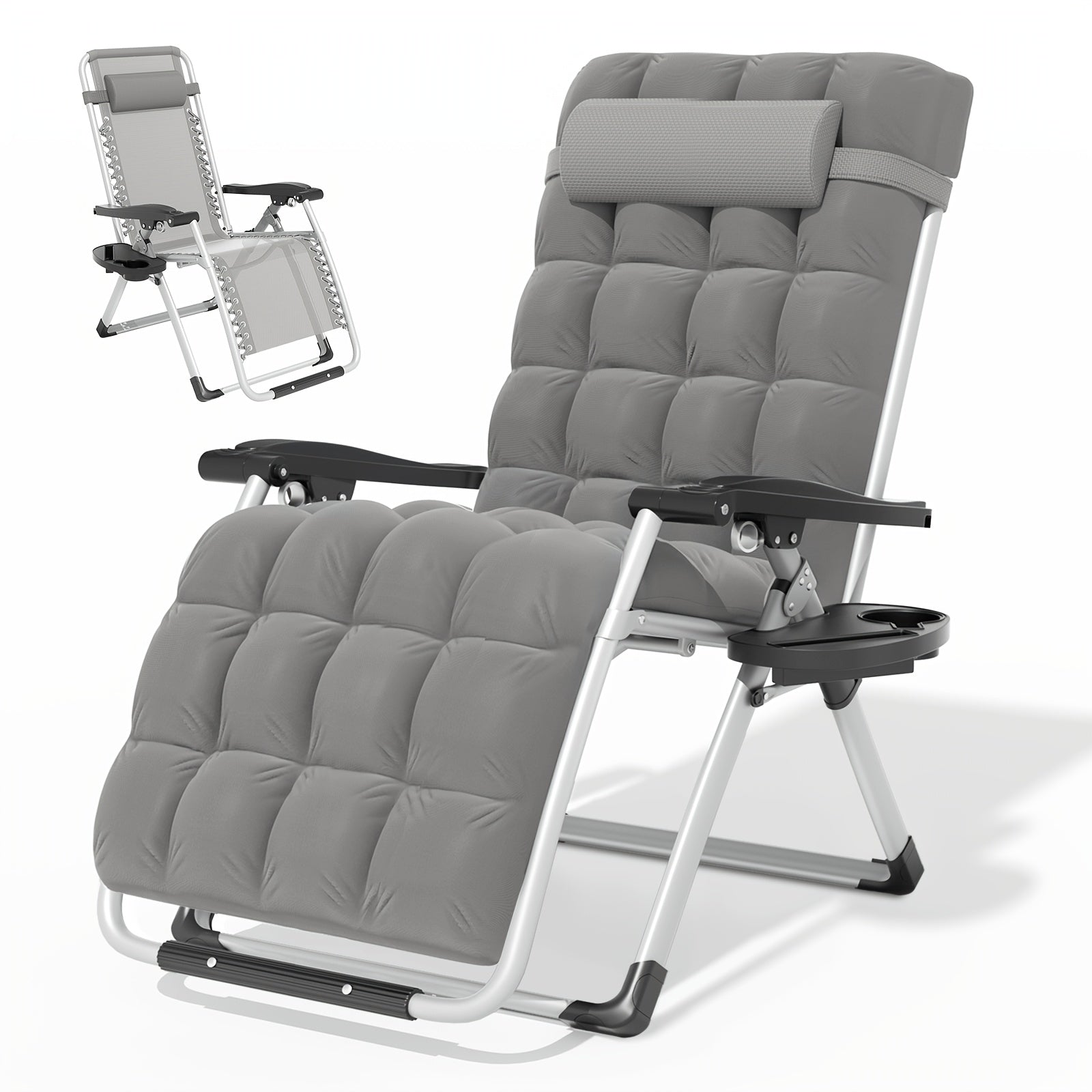 A Zero-Gravity Chair Featuring a Cushion, This Reclining Lounge Chair Is Suitable for Outdoor Patios. It Is a Foldable Indoor Anti-Gravity Recliner, Designed for Portability And Comes with a Detachable Cup Holder Side Tray And a Pillow Headrest