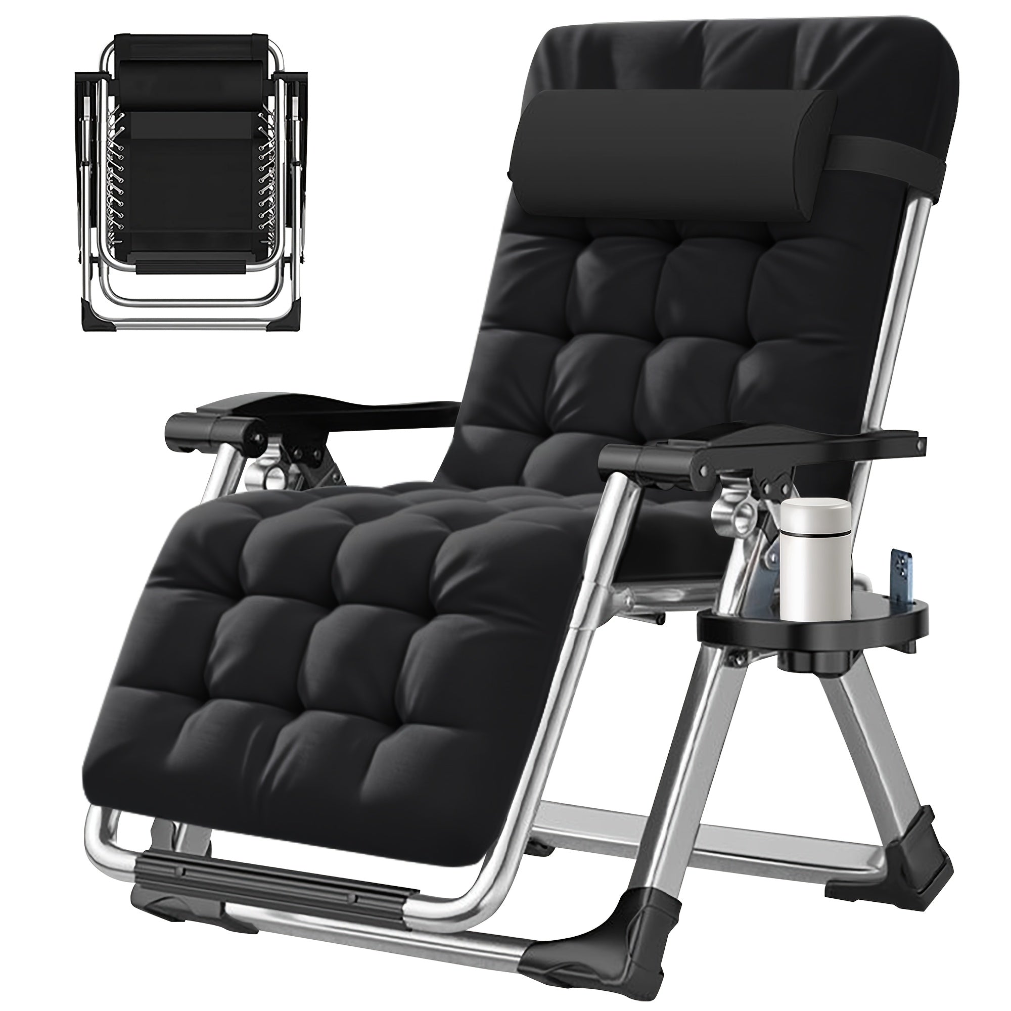A Zero-Gravity Lounge Chair That Reclines, Featuring a Detachable Cushion And a Cup Holder, Suitable for Both Indoor And Outdoor Use. This Folding Recliner Can Support Weights of Up to 440 Pounds.