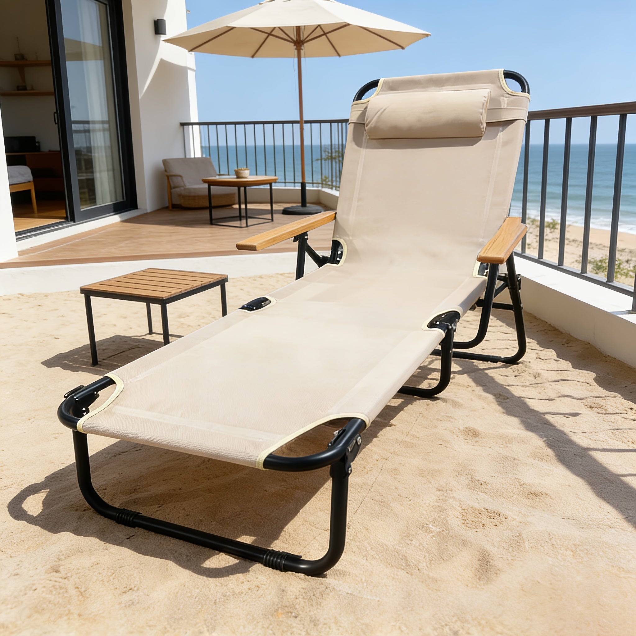 Adjustable Folding Lounge Chair, Portable Camping Bed. with Built-in Side Pockets for Small Items And A Soft, It Fits Patios, Balconies, Beaches And Camping Trips. Gray Is Steady And Elegant, Beige Is Gentle And Soothing. No Assembly Needed