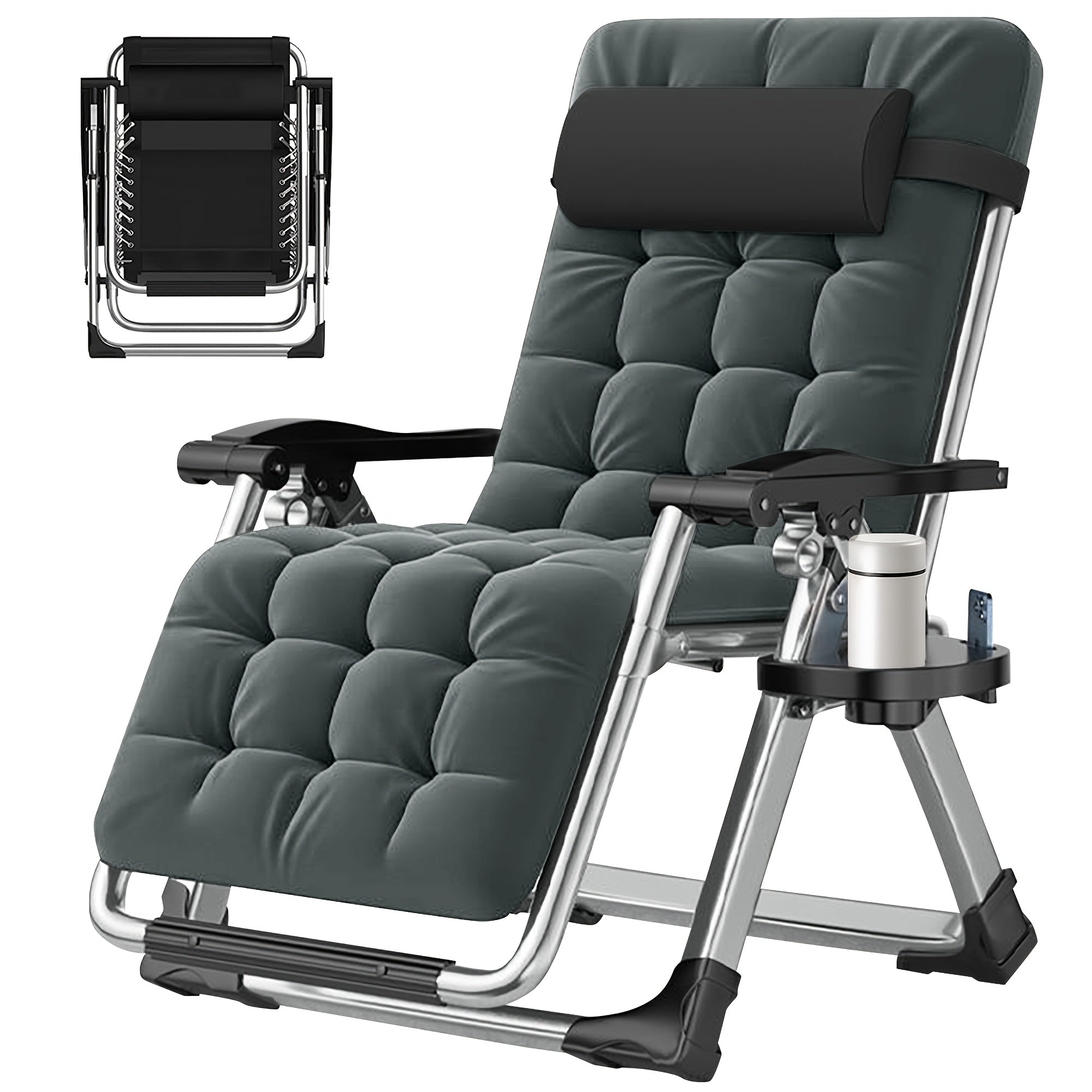 A Zero-Gravity Lounge Chair That Reclines, Featuring a Detachable Cushion And a Cup Holder, Suitable for Both Indoor And Outdoor Use. This Folding Recliner Can Support Weights of Up to 440 Pounds.