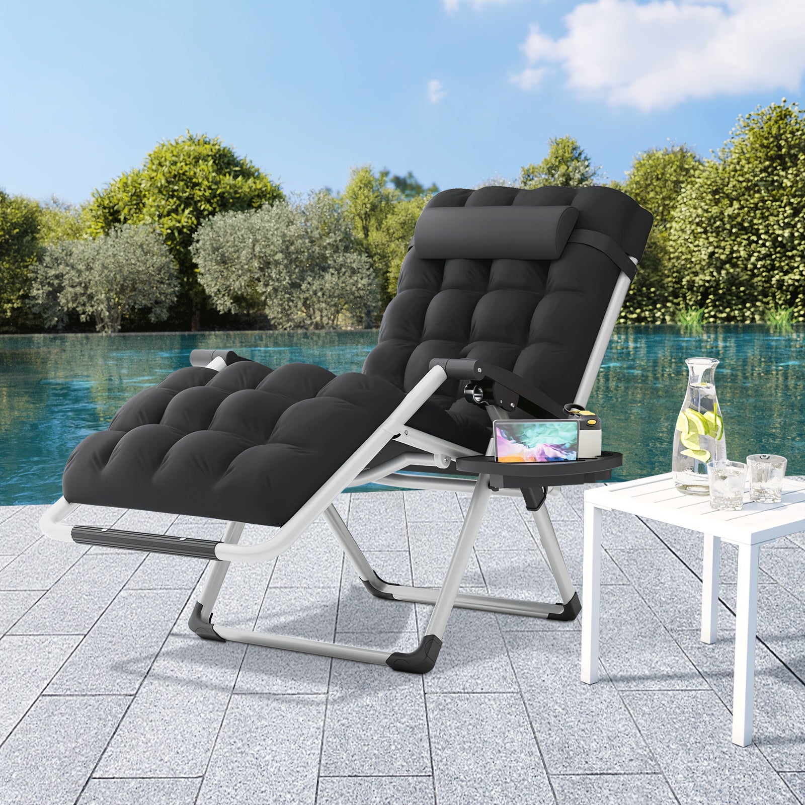 A Zero-Gravity Chair Featuring a Cushion, This Reclining Lounge Chair Is Suitable for Outdoor Patios. It Is a Foldable Indoor Anti-Gravity Recliner, Designed for Portability And Comes with a Detachable Cup Holder Side Tray And a Pillow Headrest