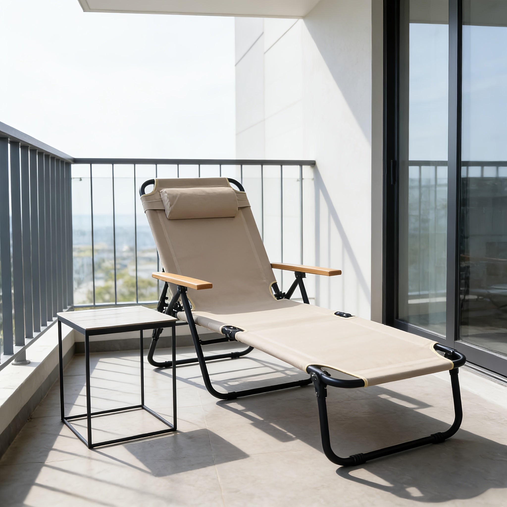 Adjustable Folding Lounge Chair, Portable Camping Bed. with Built-in Side Pockets for Small Items And A Soft, It Fits Patios, Balconies, Beaches And Camping Trips. Gray Is Steady And Elegant, Beige Is Gentle And Soothing. No Assembly Needed