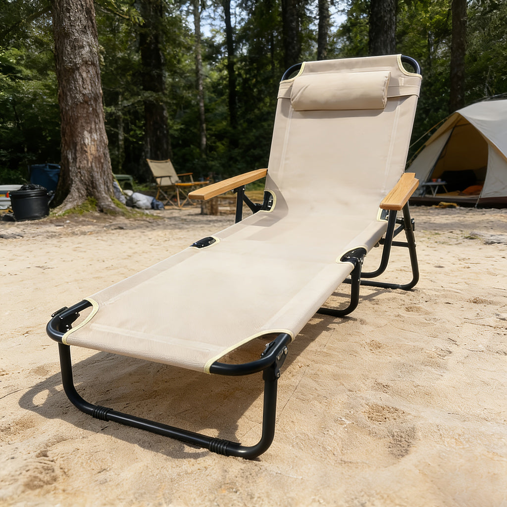 Adjustable Folding Lounge Chair, Portable Camping Bed. with Built-in Side Pockets for Small Items And A Soft, It Fits Patios, Balconies, Beaches And Camping Trips. Gray Is Steady And Elegant, Beige Is Gentle And Soothing. No Assembly Needed