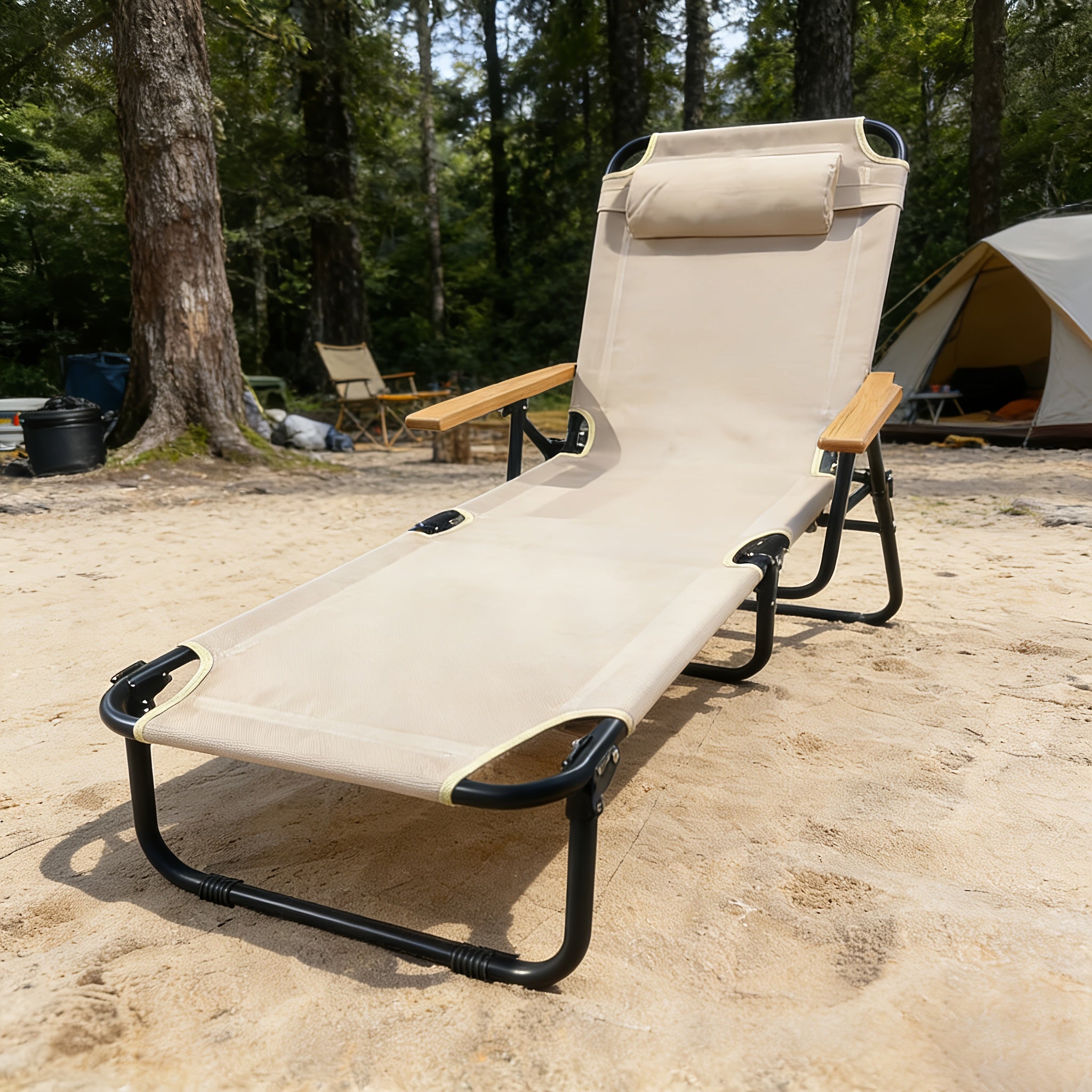 Adjustable Folding Lounge Chair, Portable Camping Bed. with Built-in Side Pockets for Small Items And A Soft, It Fits Patios, Balconies, Beaches And Camping Trips. Gray Is Steady And Elegant, Beige Is Gentle And Soothing. No Assembly Needed