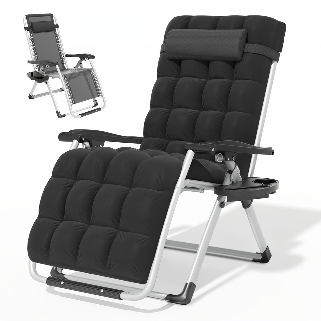 A Zero-Gravity Chair Featuring a Cushion, This Reclining Lounge Chair Is Suitable for Outdoor Patios. It Is a Foldable Indoor Anti-Gravity Recliner, Designed for Portability And Comes with a Detachable Cup Holder Side Tray And a Pillow Headrest