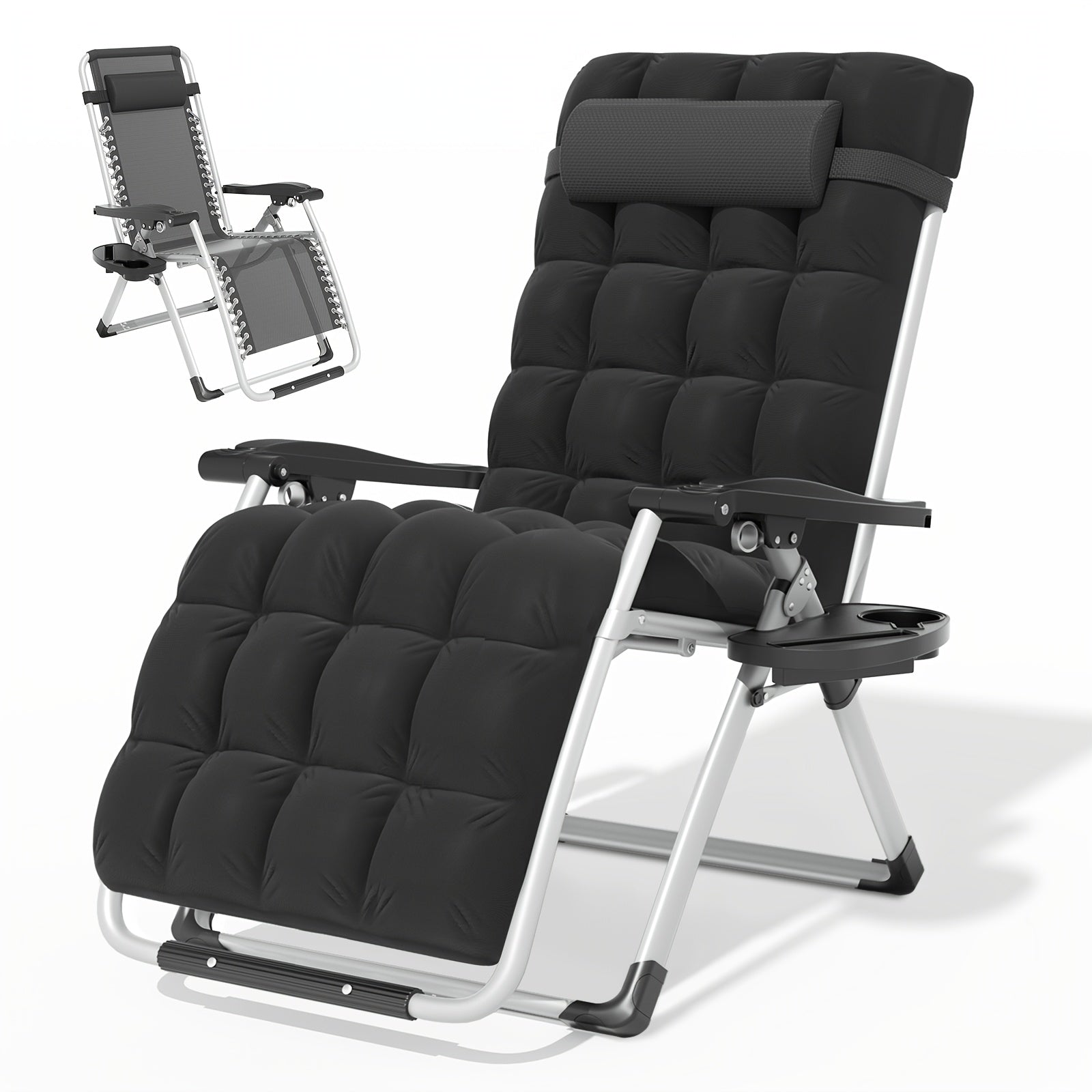 A Zero-Gravity Chair Featuring a Cushion, This Reclining Lounge Chair Is Suitable for Outdoor Patios. It Is a Foldable Indoor Anti-Gravity Recliner, Designed for Portability And Comes with a Detachable Cup Holder Side Tray And a Pillow Headrest