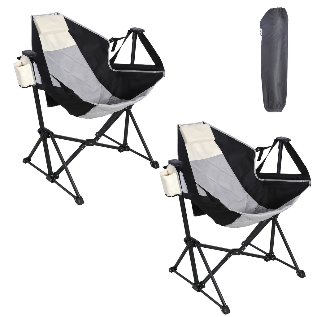 2 Rocking Camping Chairs with Cup Holders, Hammock Chair, Folding Rocking Chair, Outdoor Lounge Chair, Portable Fishing Chair, Patio Leisure Chair, Heavy Duty Folding Chair Suitable for Patio, Outdoor, Camping, Travel