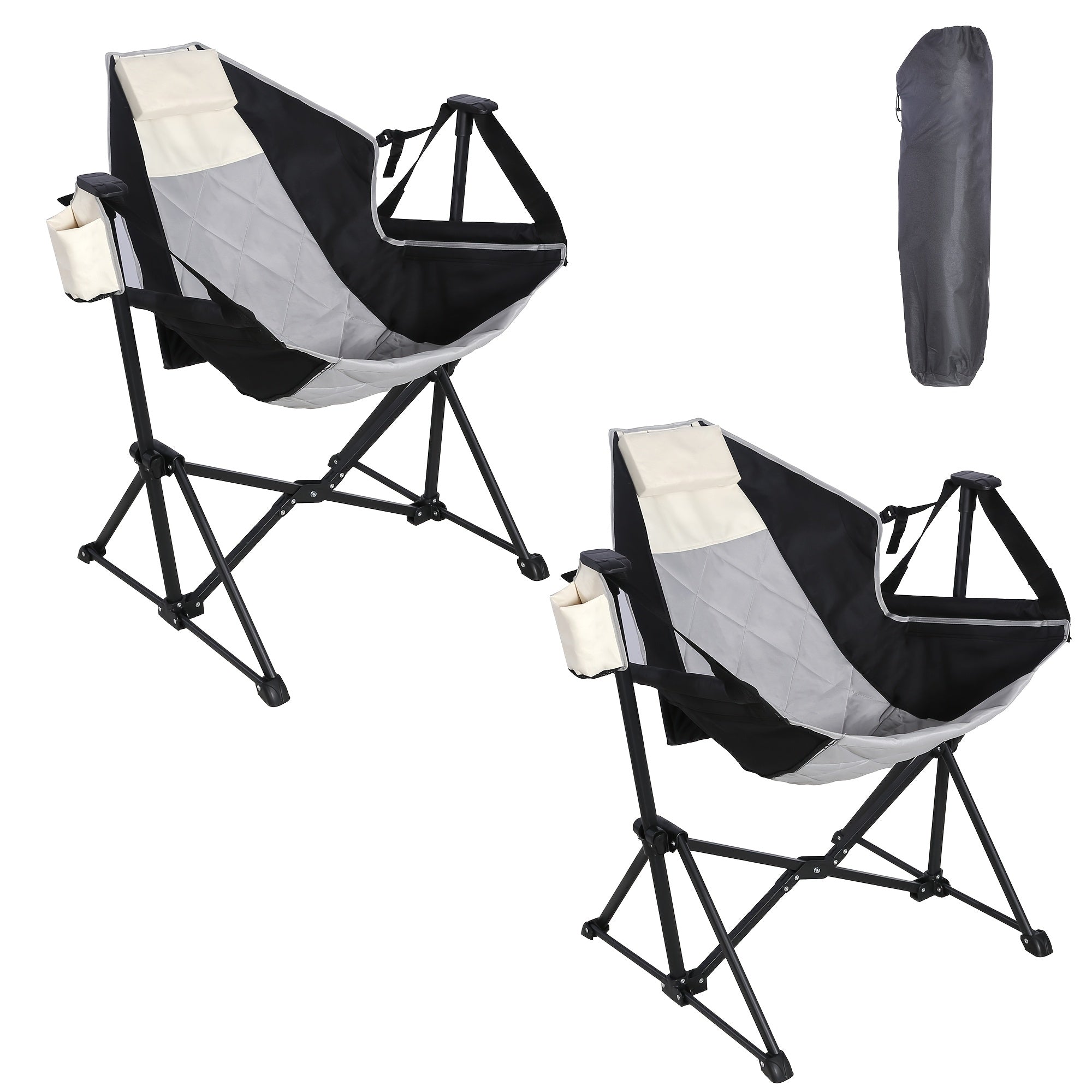 2 Rocking Camping Chairs with Cup Holders, Hammock Chair, Folding Rocking Chair, Outdoor Lounge Chair, Portable Fishing Chair, Patio Leisure Chair, Heavy Duty Folding Chair Suitable for Patio, Outdoor, Camping, Travel