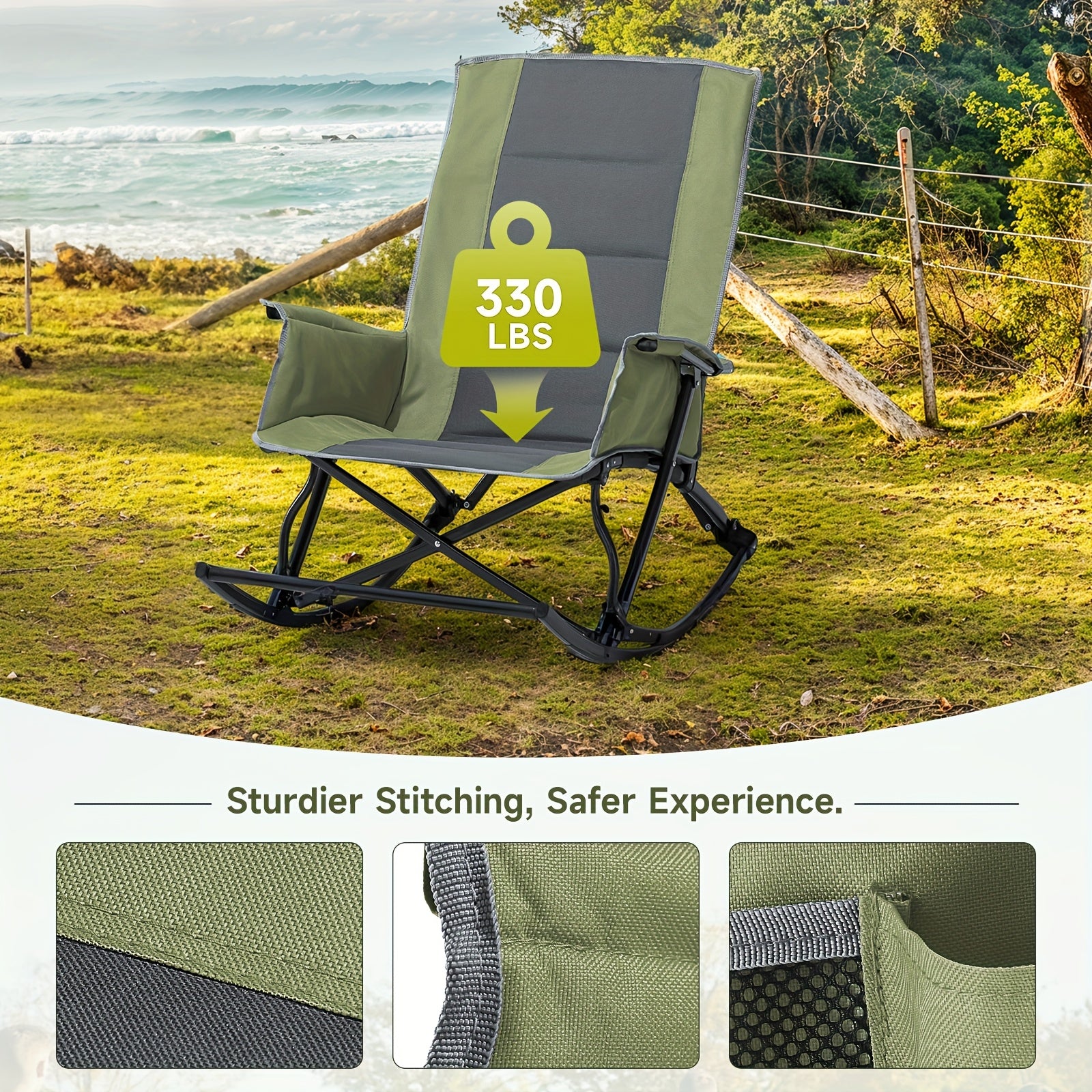 Lawn Chairs, Camping Chairs for Adults, Folding Chair for Outside 330 Lbs Capacity, Rocking Chair Outdoor with Foot Rest for Sport Events