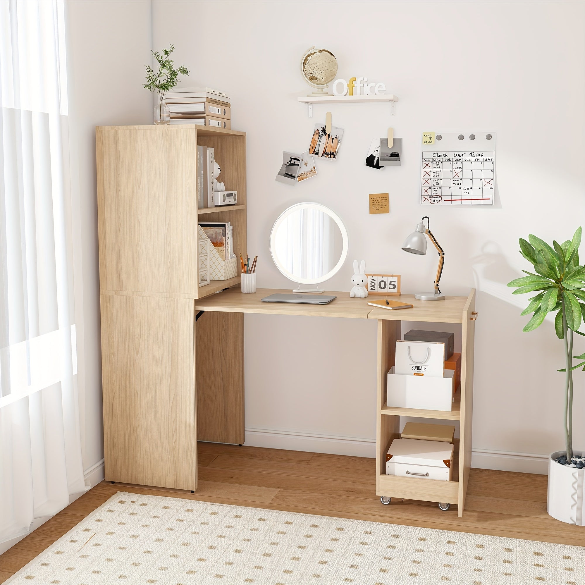 Foldable Stretchable Adjustable Height Desk with Mobile Wheels & Storage Shelves - Space-Saving Heavy-Duty PVC Frame, Walnut for Office, Small Apartments, Dorm Rooms - Easy Assembly Freestanding Writing Table