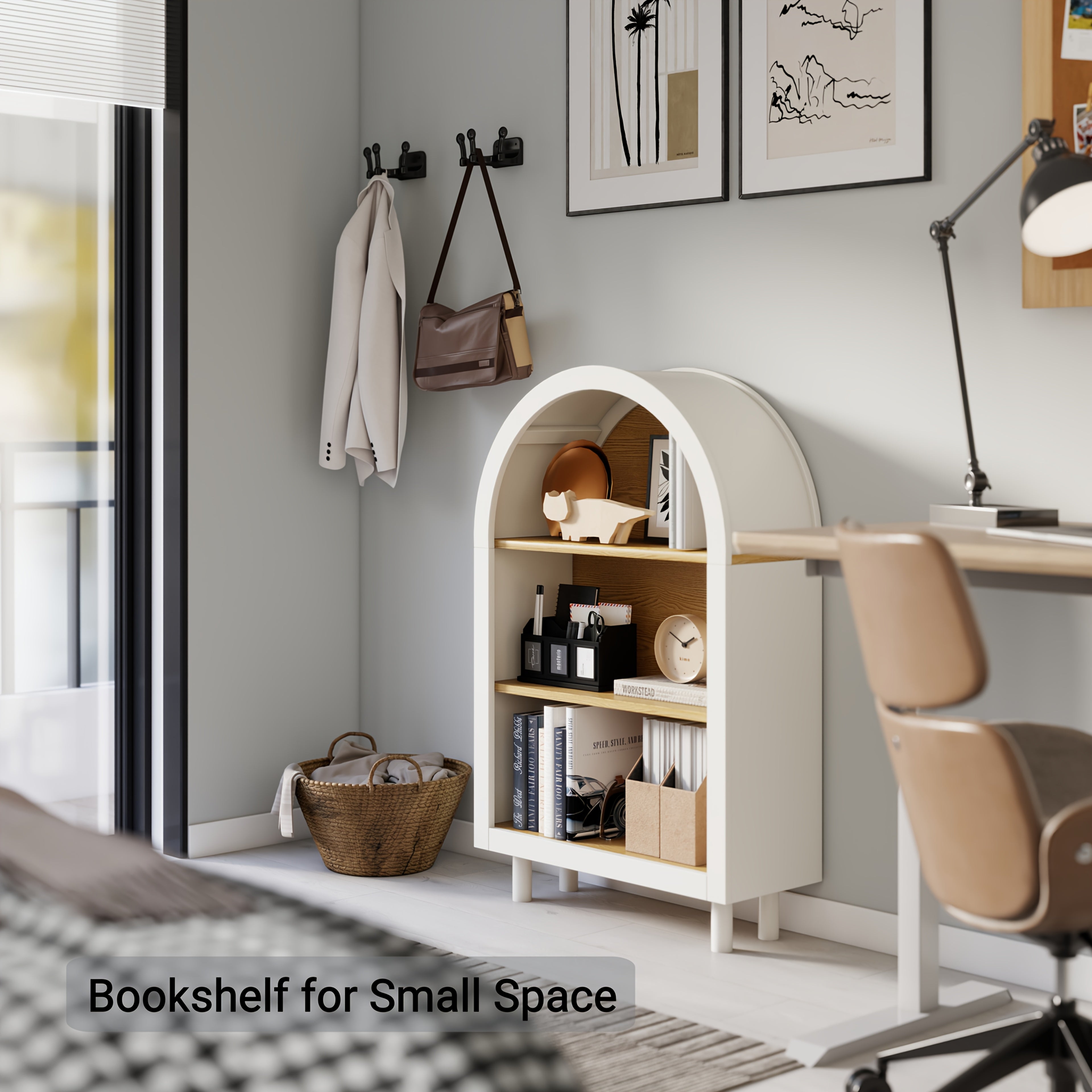 Modern Arched Bookcase - White & Woodgrain Finish, Sturdy 3-Tier Storage Cabinet with Easy Assembly, Space-Saving Organizer for Living Room, Bedroom, Entryway, Home Office - Modern Farmhouse Decor, Entryway Display Shelf, Mdf Construction