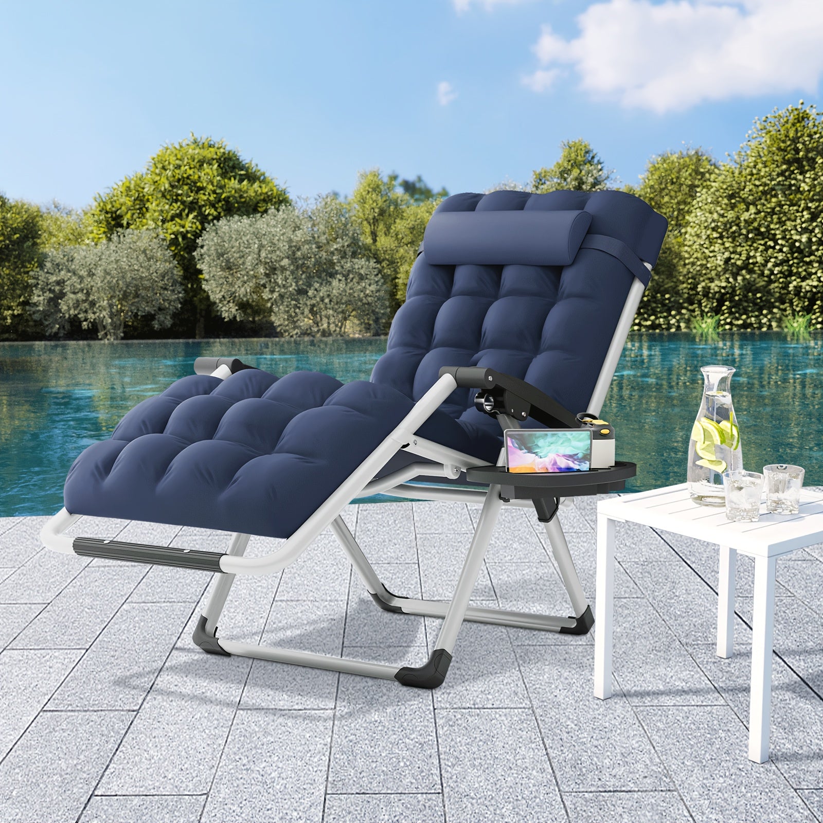 A Zero-Gravity Chair Featuring a Cushion, This Reclining Lounge Chair Is Suitable for Outdoor Patios. It Is a Foldable Indoor Anti-Gravity Recliner, Designed for Portability And Comes with a Detachable Cup Holder Side Tray And a Pillow Headrest