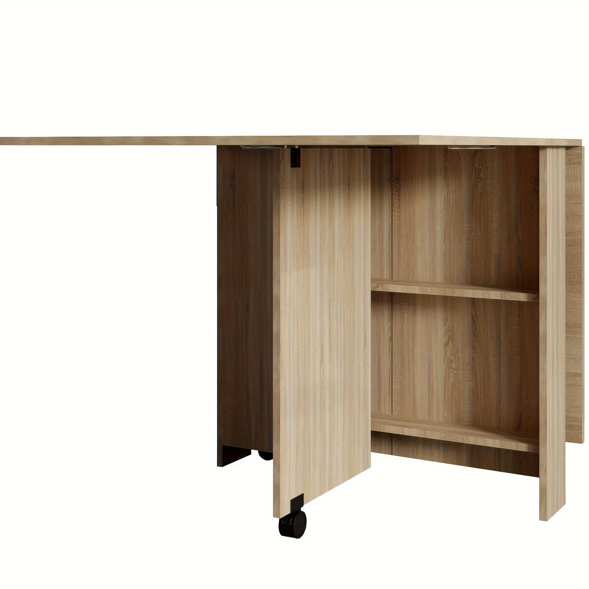 Modern Multifunctional Folding Table With Wheels For Easy Mobility, 2 Tiers Of Storage Cabinets Are Very Convenient For Storing Kitchenware, Books Or Stationery, Etc., Space-saving, Can Be Used As A Half-unfolded Writing Desk, Or Folding Small Shelve