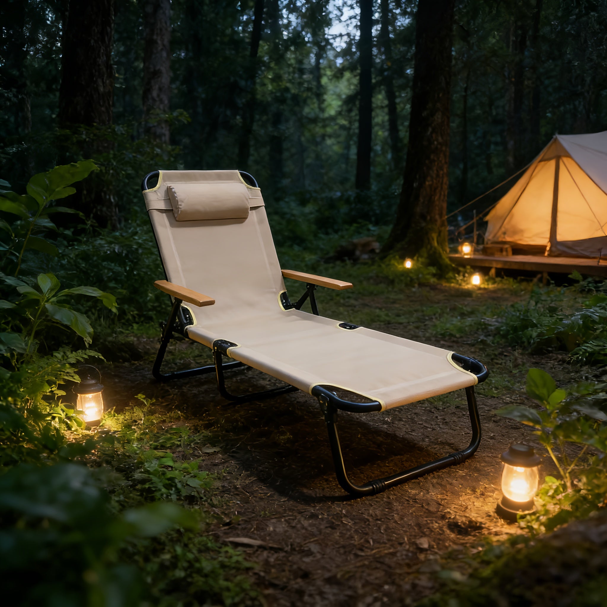 Adjustable Folding Lounge Chair, Portable Camping Bed. with Built-in Side Pockets for Small Items And A Soft, It Fits Patios, Balconies, Beaches And Camping Trips. Gray Is Steady And Elegant, Beige Is Gentle And Soothing. No Assembly Needed