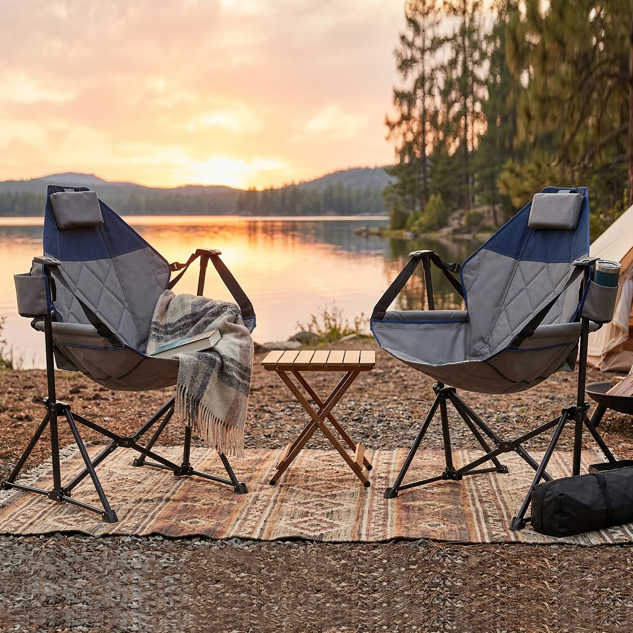 2 Rocking Camping Chairs with Cup Holders, Hammock Chair, Folding Rocking Chair, Outdoor Lounge Chair, Portable Fishing Chair, Patio Leisure Chair, Heavy Duty Folding Chair Suitable for Patio, Outdoor, Camping, Travel