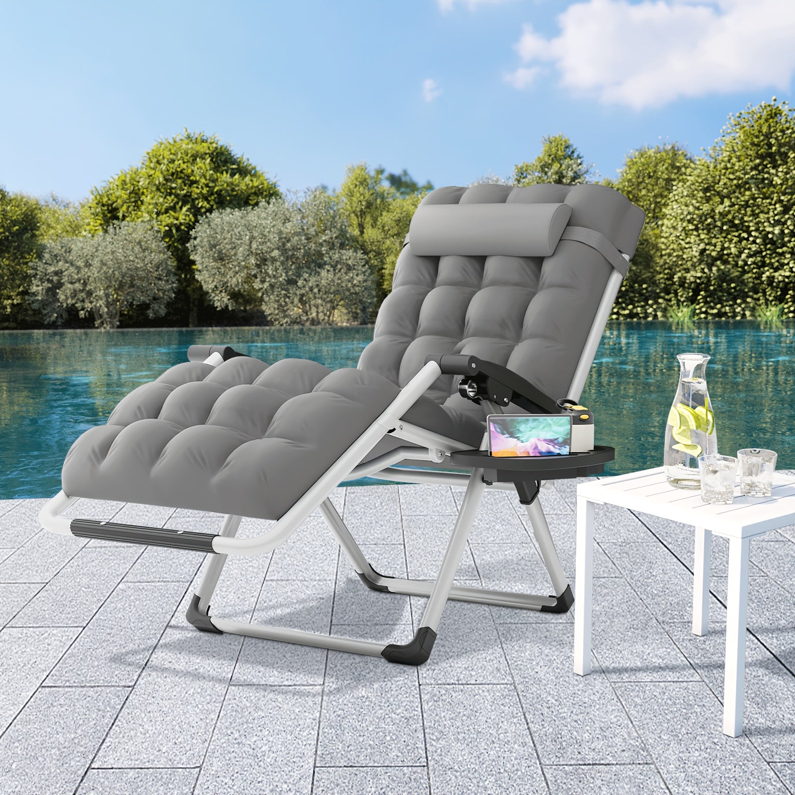 A Zero-Gravity Chair Featuring a Cushion, This Reclining Lounge Chair Is Suitable for Outdoor Patios. It Is a Foldable Indoor Anti-Gravity Recliner, Designed for Portability And Comes with a Detachable Cup Holder Side Tray And a Pillow Headrest