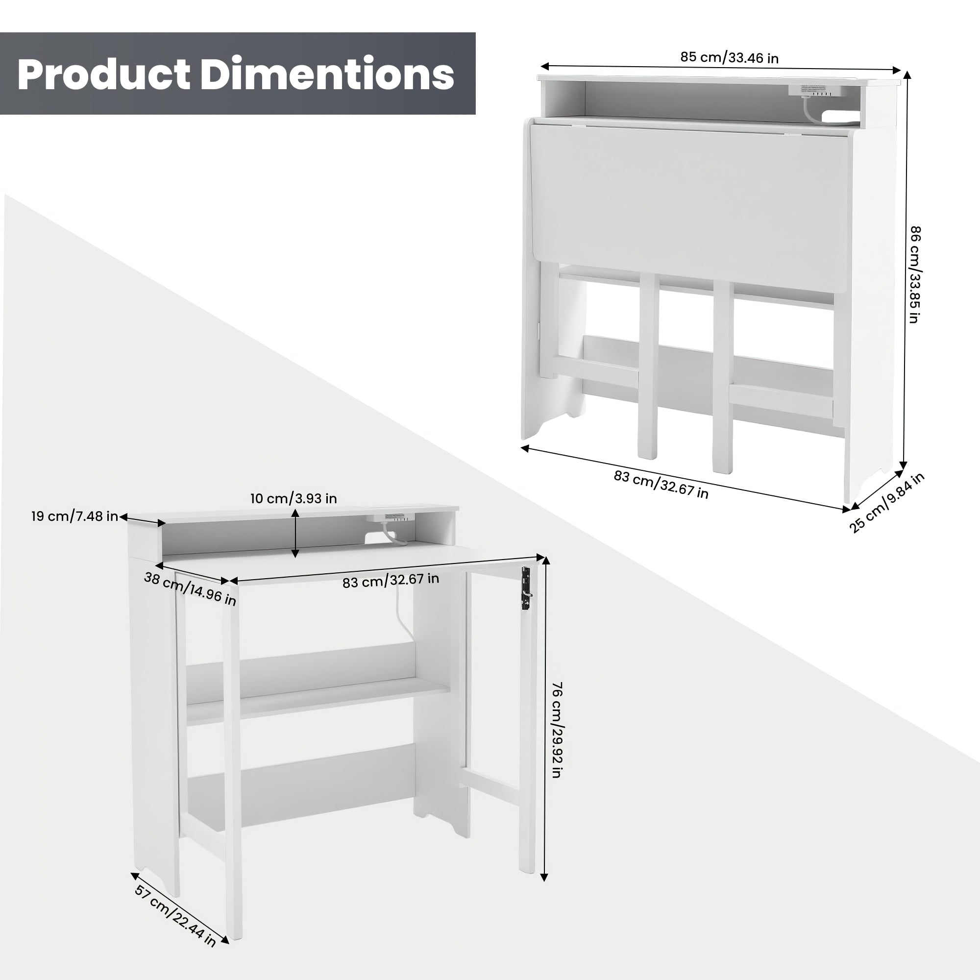 Foldable Computer Desk with Outlets, Storage Shelf & Monitor Stand - & Modern Writing Table, Space-Saving Design Suitable for Small Spaces, Dorm, Bedroom, Office - Easy Foldable Desk with Built-In Power Outlets & Storage Shelves