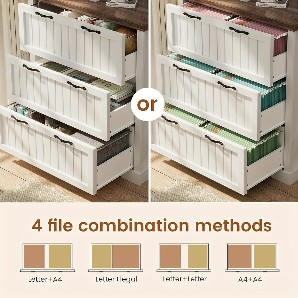 3 Drawer File Cabinet for Letter\u002FLegal\u002FA4 Size, Farmhouse Filing Cabinet, Lateral File Cabinet with Printer Stand for Home Office