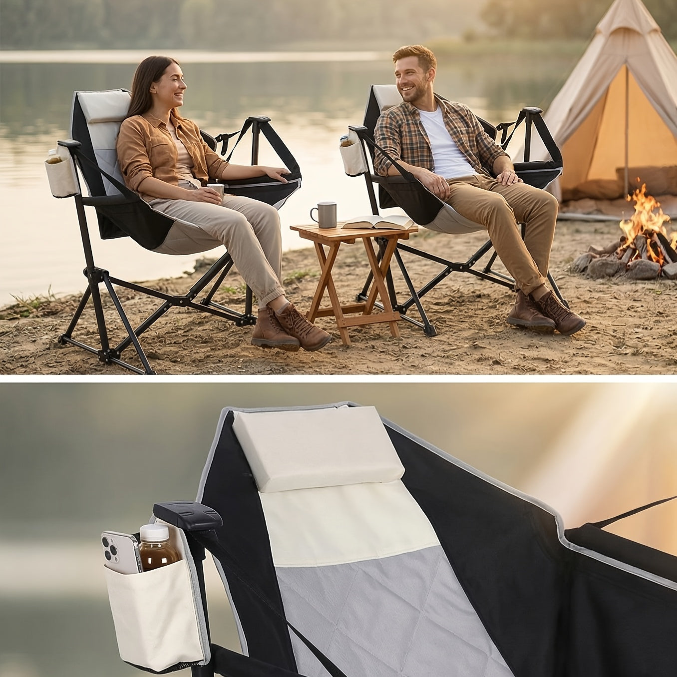 2 Rocking Camping Chairs with Cup Holders, Hammock Chair, Folding Rocking Chair, Outdoor Lounge Chair, Portable Fishing Chair, Patio Leisure Chair, Heavy Duty Folding Chair Suitable for Patio, Outdoor, Camping, Travel