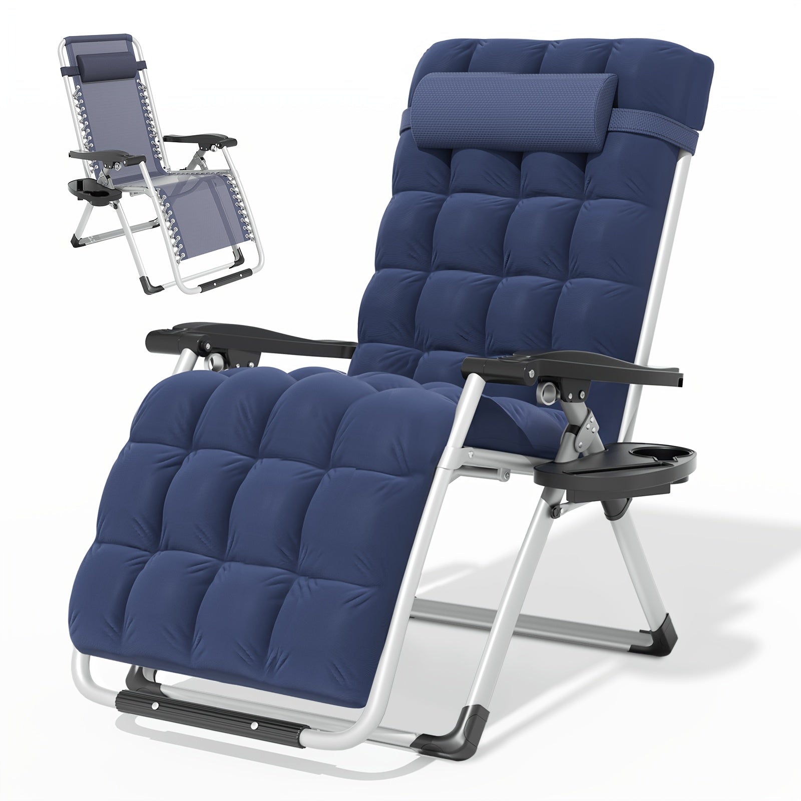 A Zero-Gravity Chair Featuring a Cushion, This Reclining Lounge Chair Is Suitable for Outdoor Patios. It Is a Foldable Indoor Anti-Gravity Recliner, Designed for Portability And Comes with a Detachable Cup Holder Side Tray And a Pillow Headrest