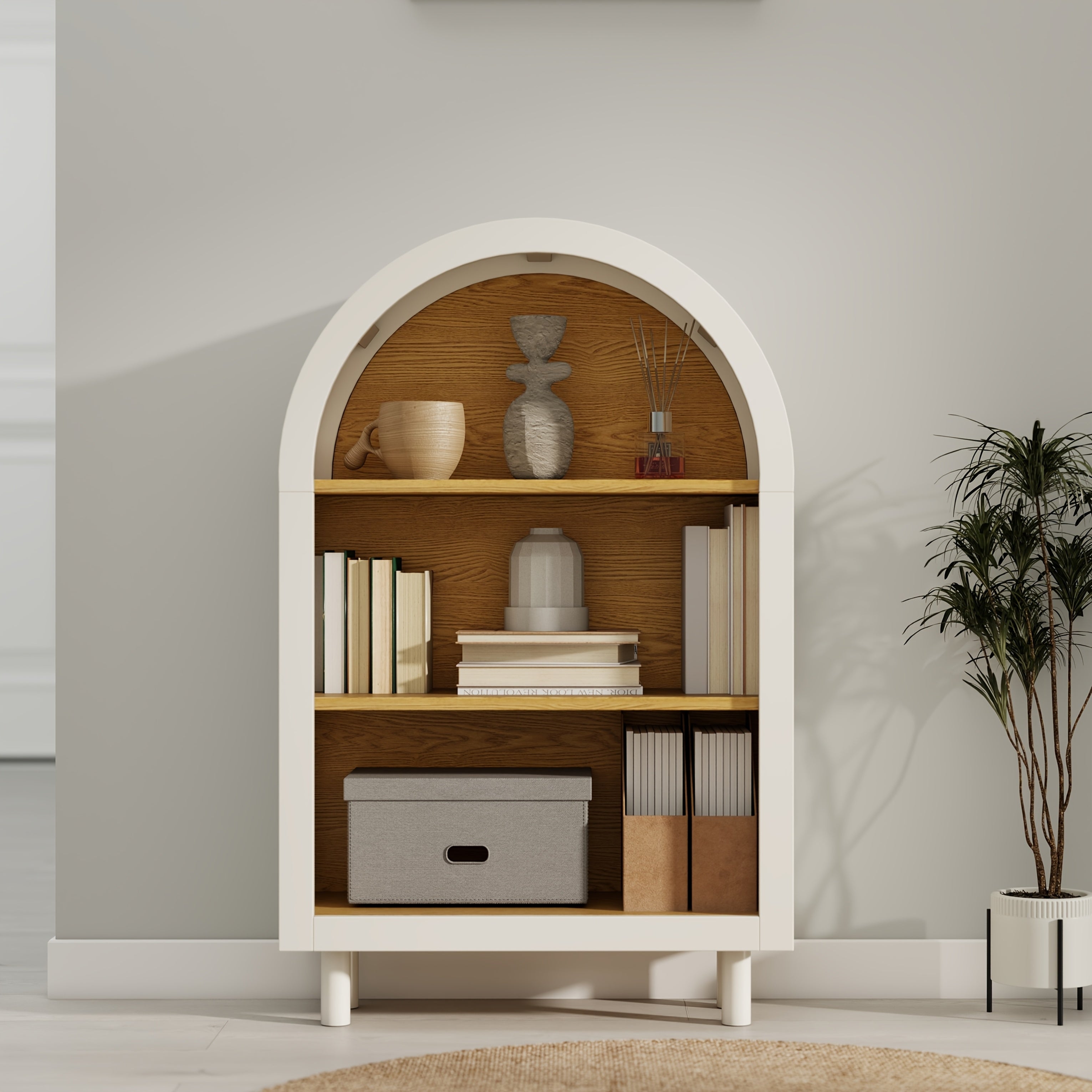 Modern Arched Bookcase - White & Woodgrain Finish, Sturdy 3-Tier Storage Cabinet with Easy Assembly, Space-Saving Organizer for Living Room, Bedroom, Entryway, Home Office - Modern Farmhouse Decor, Entryway Display Shelf, Mdf Construction