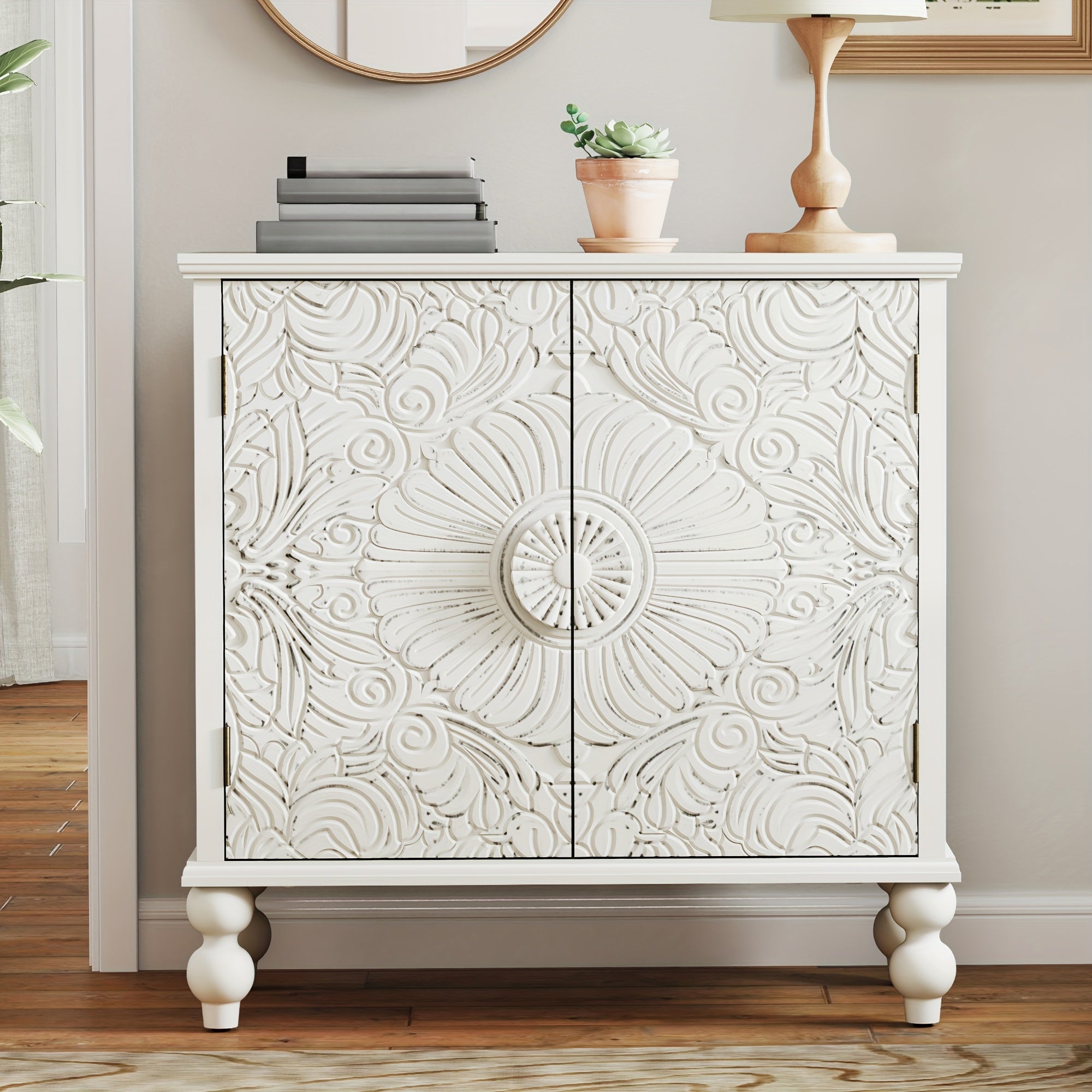 Unique Pattern Buffet Cabinet with Storage, Kitchen Storage Cabinet with Adjustable Shelf, Accent Sideboard Buffet Cabinet for Kitchen, Living Room, Entryway (White)