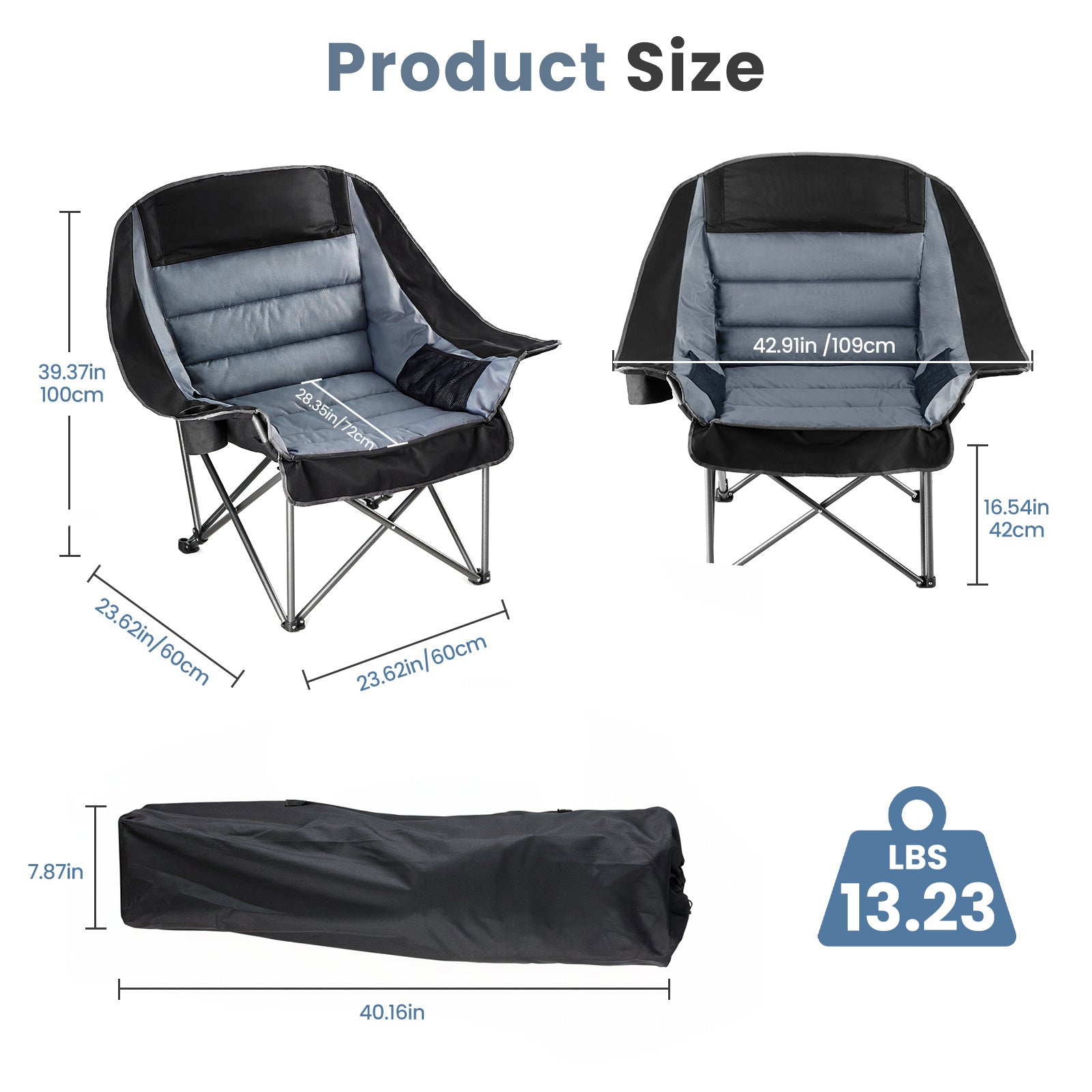Oversized Camping Chair for Adults - 450lbs Heavy Duty Folding Chair with Cup Holder & Side Pockets, Portable Chair for Camping, Fishing, Hiking, Picnic