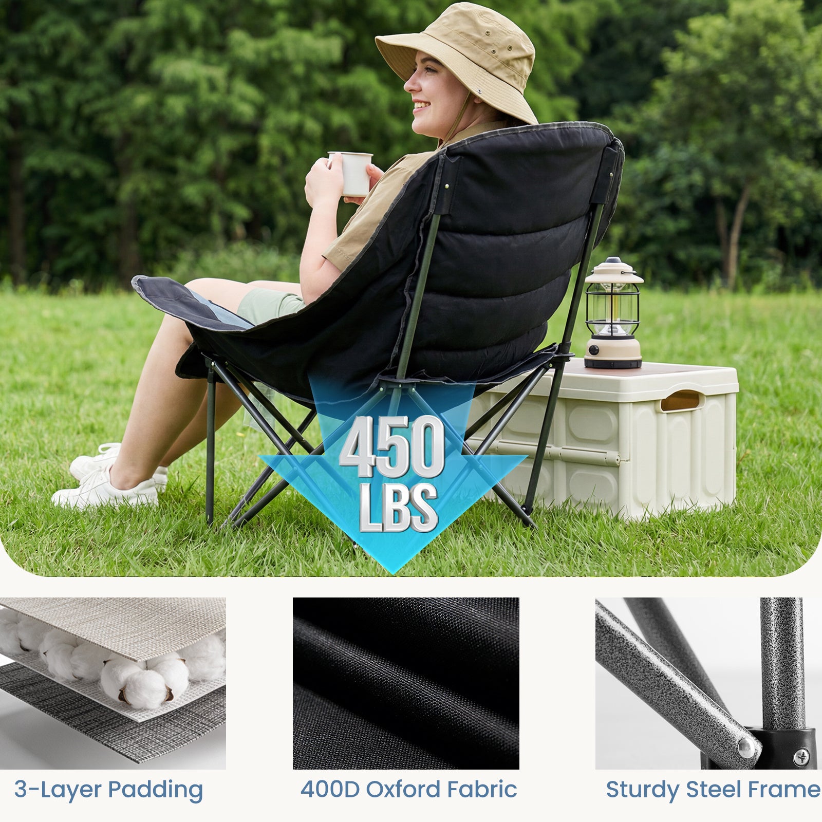 Oversized Camping Chair for Adults - 450lbs Heavy Duty Folding Chair with Cup Holder & Side Pockets, Portable Chair for Camping, Fishing, Hiking, Picnic