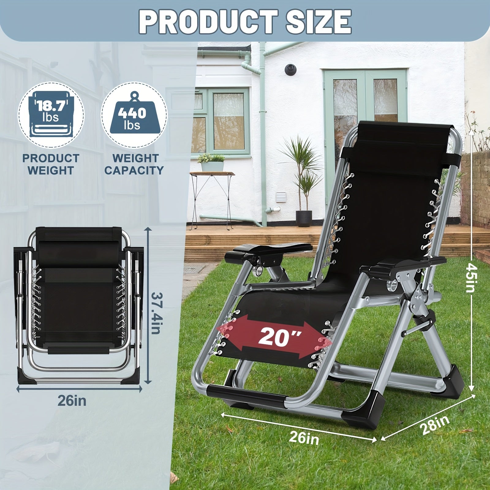 A Zero-Gravity Lounge Chair That Reclines, Featuring a Detachable Cushion And a Cup Holder, Suitable for Both Indoor And Outdoor Use. This Folding Recliner Can Support Weights of Up to 440 Pounds.