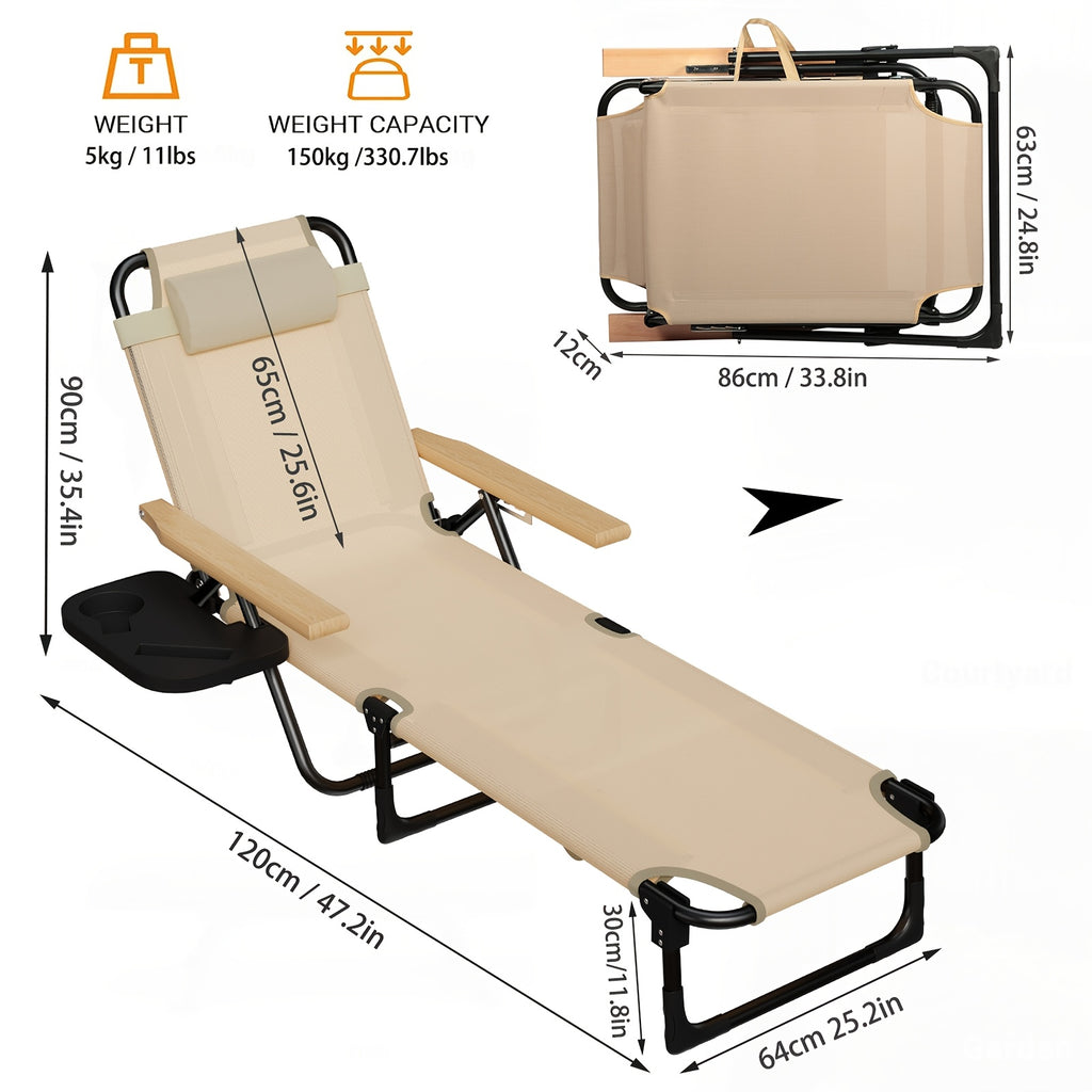 Adjustable Folding Lounge Chair, Portable Camping Bed. with Built-in Side Pockets for Small Items And A Soft, It Fits Patios, Balconies, Beaches And Camping Trips. Gray Is Steady And Elegant, Beige Is Gentle And Soothing. No Assembly Needed