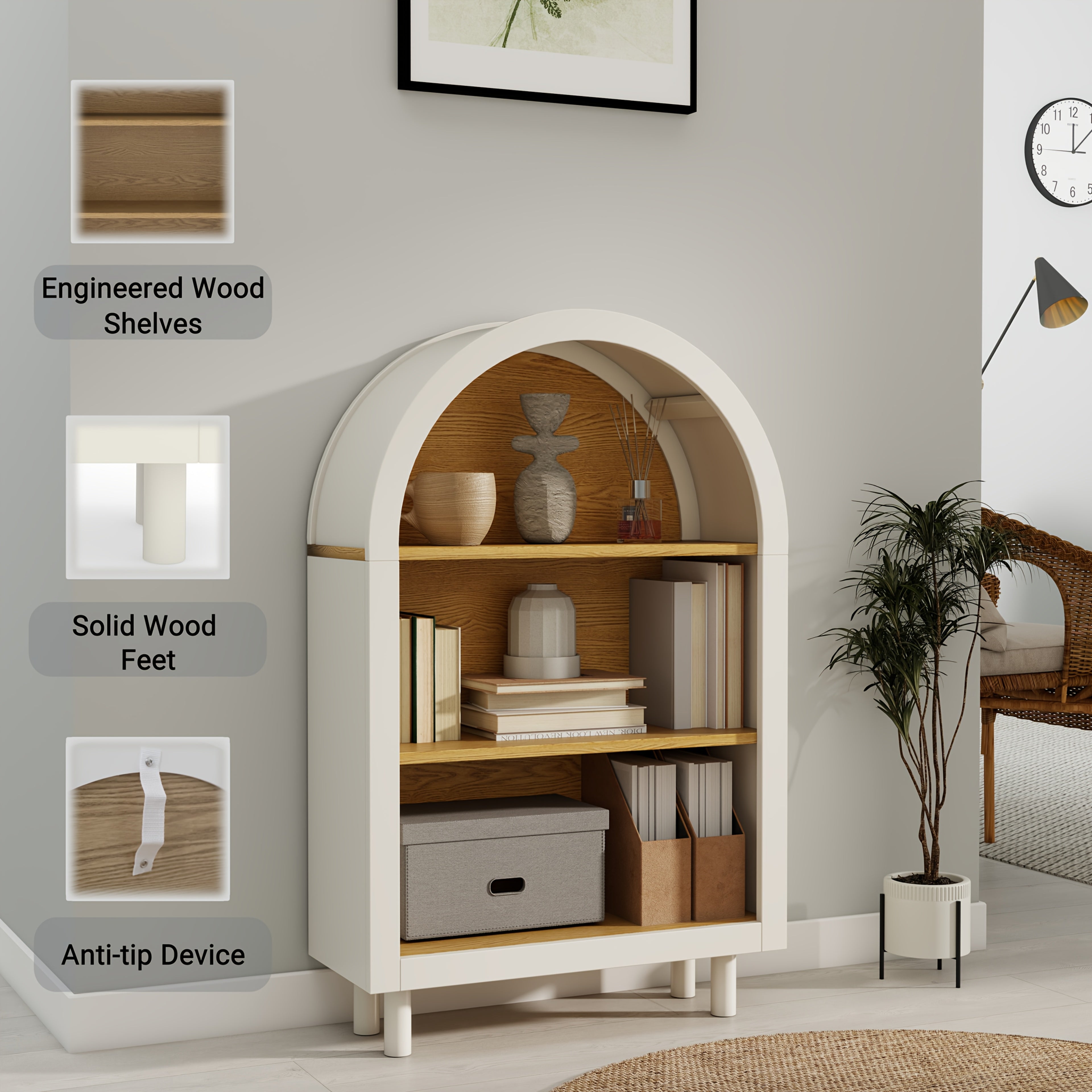 Modern Arched Bookcase - White & Woodgrain Finish, Sturdy 3-Tier Storage Cabinet with Easy Assembly, Space-Saving Organizer for Living Room, Bedroom, Entryway, Home Office - Modern Farmhouse Decor, Entryway Display Shelf, Mdf Construction