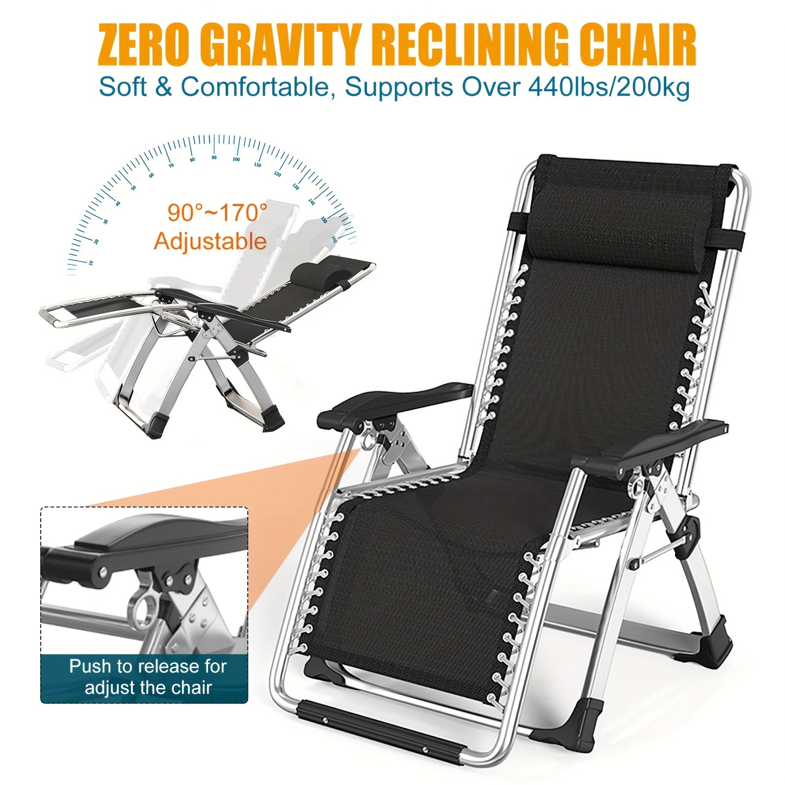 A Zero-Gravity Lounge Chair That Reclines, Featuring a Detachable Cushion And a Cup Holder, Suitable for Both Indoor And Outdoor Use. This Folding Recliner Can Support Weights of Up to 440 Pounds.