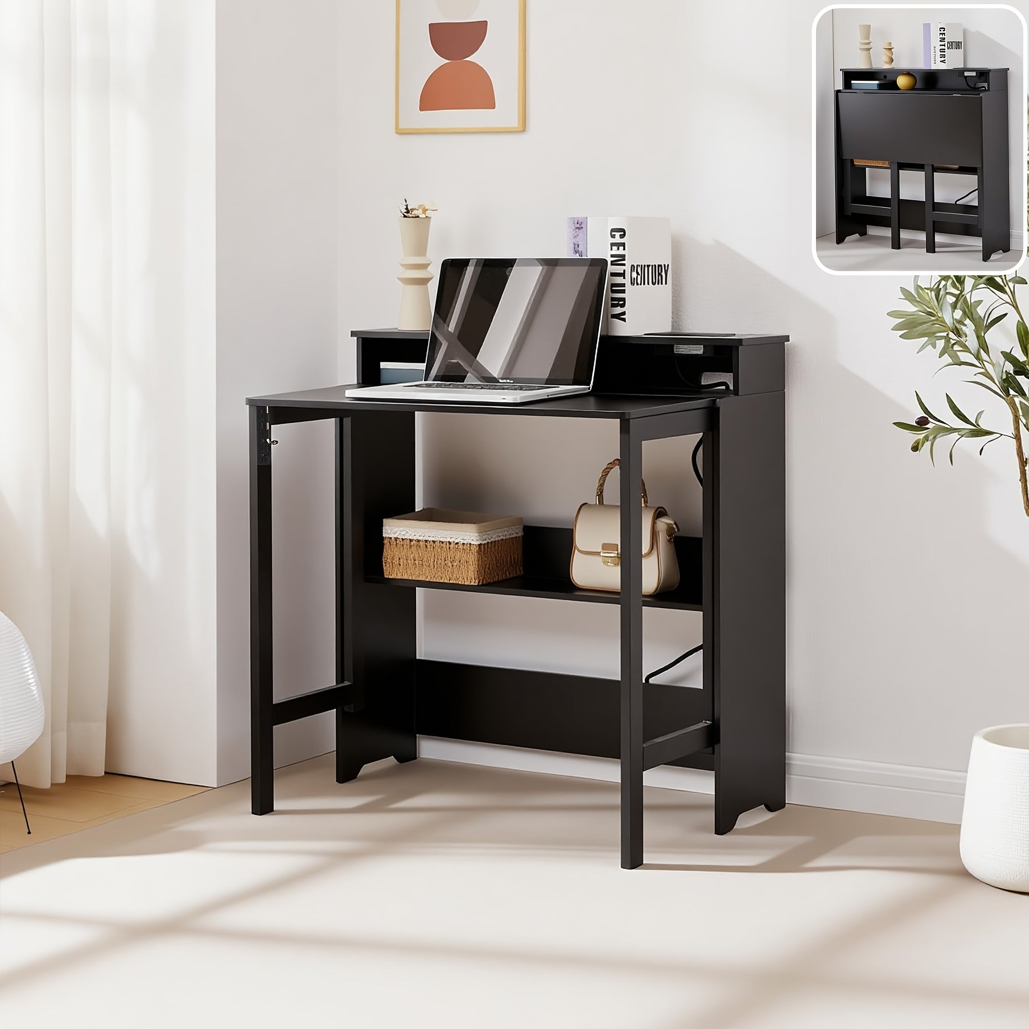 Foldable Computer Desk with Outlets, Storage Shelf & Monitor Stand - & Modern Writing Table, Space-Saving Design Suitable for Small Spaces, Dorm, Bedroom, Office - Easy Foldable Desk with Built-In Power Outlets & Storage Shelves